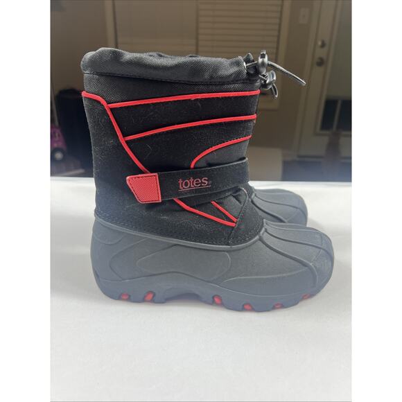 Totes Boys Boots Todd Snow Winter Waterproof Black Red Hook And Loop Kids 4 - Picture 1 of 7